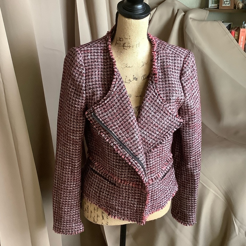 White House Black Market Tweed Moto Cut Blazer in Red, Pink and Black